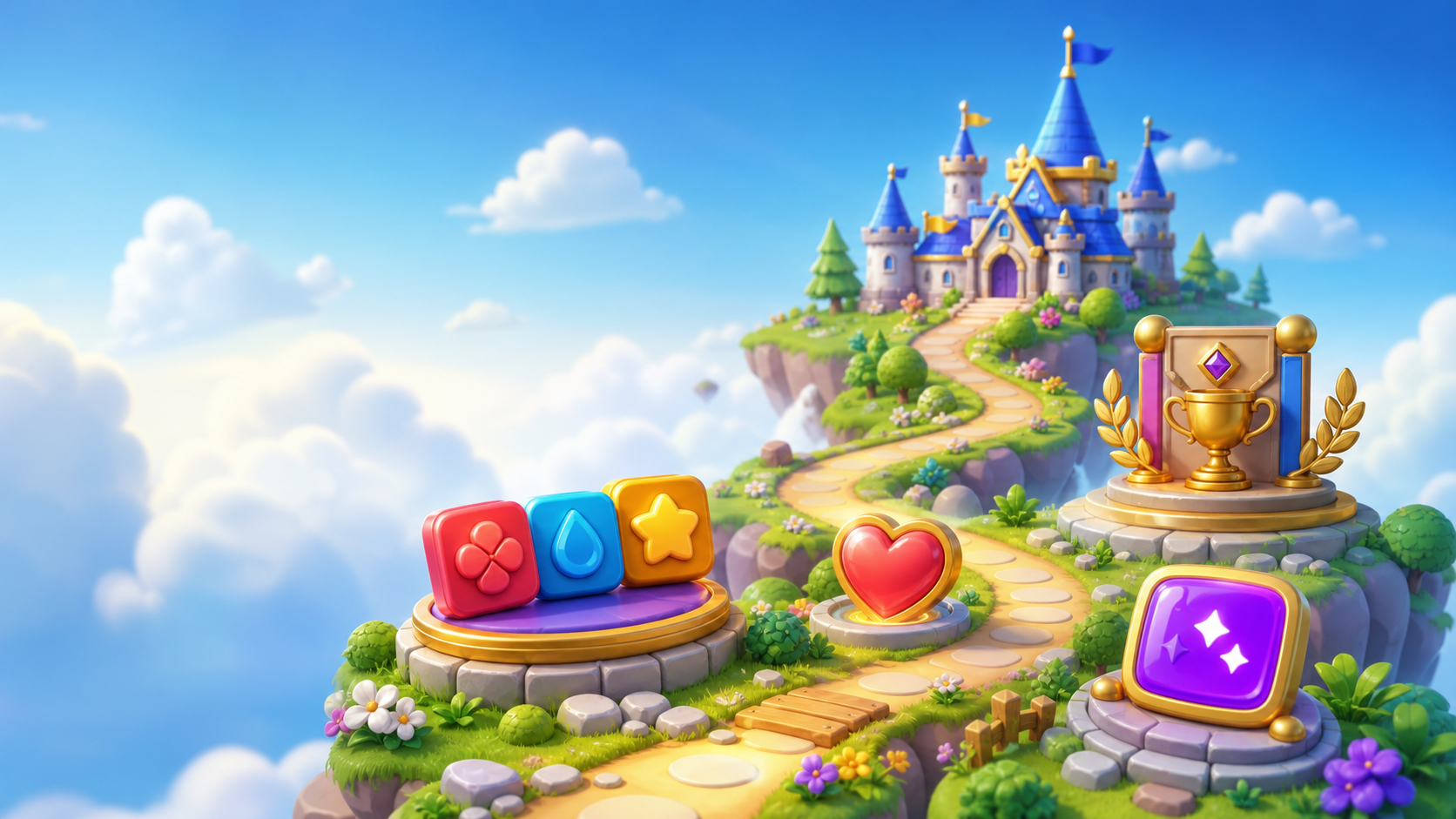 A colorful floating game world with match tiles, an energy heart, a leaderboard trophy, and a castle